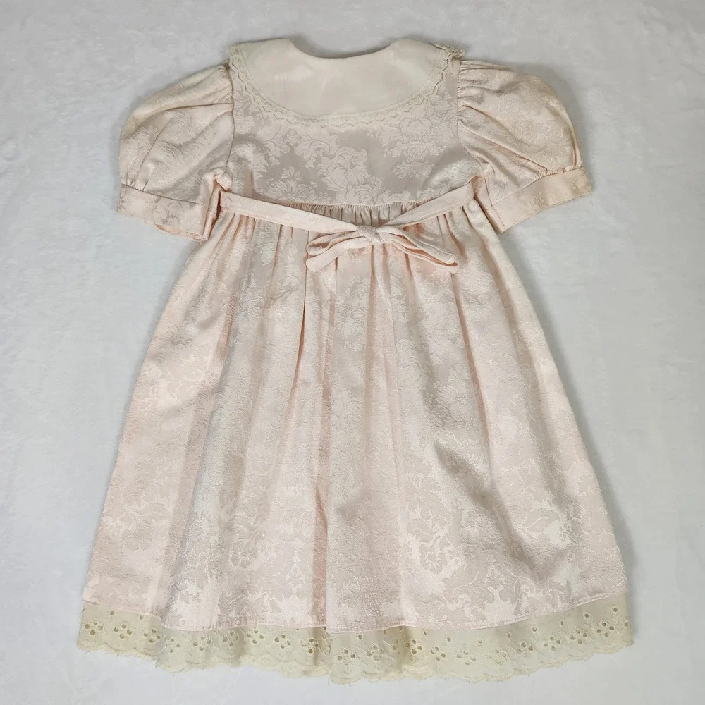 Vintage Little Penguin Girls Pink Damask Lace Dress Size 4 Rose Eyelet USA Made